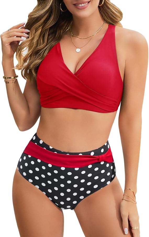 UMIPUBO Swimsuits for Women High Waisted Bikini Sets Padded Two Piece Tummy Control Swimwear Bikini Top with V Cross Ladies Swimming Costume Plus Size Bathing Suits Beachwear