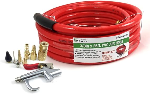 DYNAMIC POWER 3/8 x 25 FT PVC Air Compressor Hose + 10 Pieces Air Compressor Accessories Kit