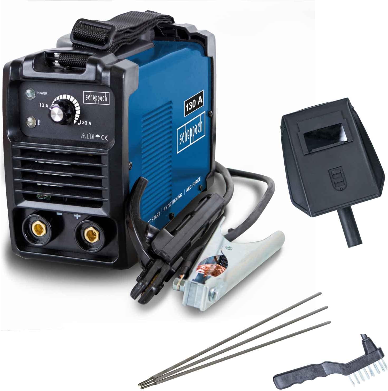 Scheppach WSE1000 Inverter MMA Welding Machine | 230V | 10-130A | Fan Cooling & Overheating Protection | Anti Adhesion | Auto Hot Start | Includes Welding Screen Wire Brush, Hammer, Electrodes & Carry