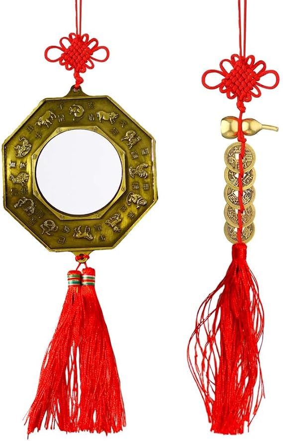 2 PCS 4.8 Inch Bagua Mirror Feng Shui and Chinese Coins Feng Shui with Copper Gourd Feng Shui Decor Chinese Decor Good Luck Charms Wealth Health Success to Friends Families Lovers (RED)