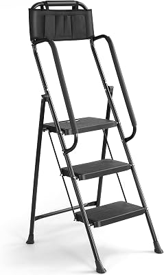 Lifetime Home Step Ladder with Wide Anti-Slip Platform & Thick Rubber Feet - Heavy Duty Foldable & Portable - 330 lbs Capacity, Steel Frame, Rubber Handgrip, Folding Step Stool - 3-Step Rail Black