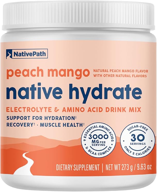 NativePath Hydrate Electrolyte Powder, Peach Mango, 30 Servings | 14 Vitamins & Minerals, 9 Aminos & 2000mg BCAAs, Zero Sugar, Supports Hydration & Recovery, Stevia, Keto