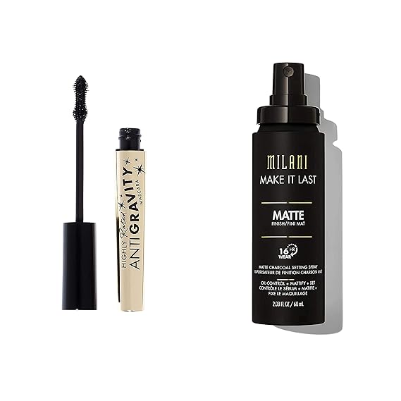 Milani Make it Last Charcoal Matte Setting Spray & Milani Highly Rated Anti-Gravity Black Mascara with Castor Oil and Molded Hourglass Shaped Brush