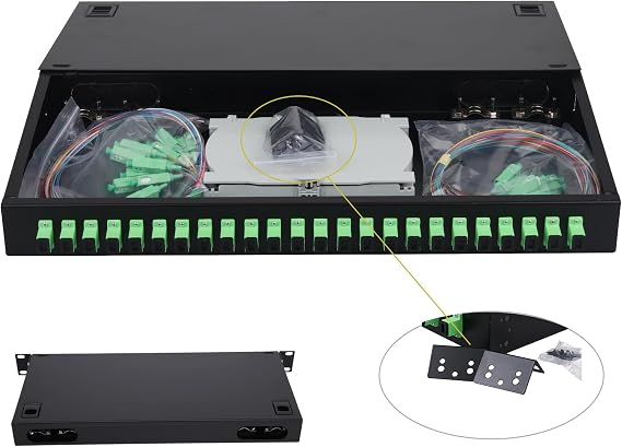 2 Packs 24 Singlemode 24 Port SC-APC Rack Mount Enclosure Box & Splice Trays Fiber Cables Kit (Include Pigtail & Couplers), 24 Core LGX Loaded Patch Panel Box fits for 19" Racks Cabinet