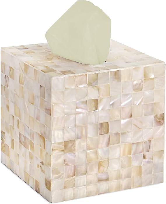 Tissue Box Cover - Mosaic Mother of Pearl Inlay Tissue Box Holder - Tissue Box Cover Square 5.9 x 5.9 x 5.9 in - Decorative Bathroom, Bedroom or Office (White)