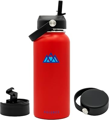 Castellanos 32 Oz Vacuum Insulated Bottle with 3 Lids - Flex Straw Lid, Flex Lid, and Coffee Flip Lid - Stainless Steel Double Wall Thermally Insulated Flask - 5 Colors - by Polerce Blood Red