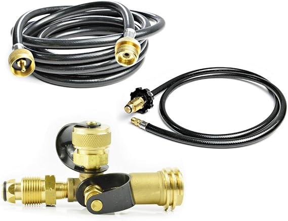 Stanbroil Propane Brass Tee Adapter Kit with 4-Port with 5-feet and 12-feet Hose for Motorhomes Tank RV Camping
