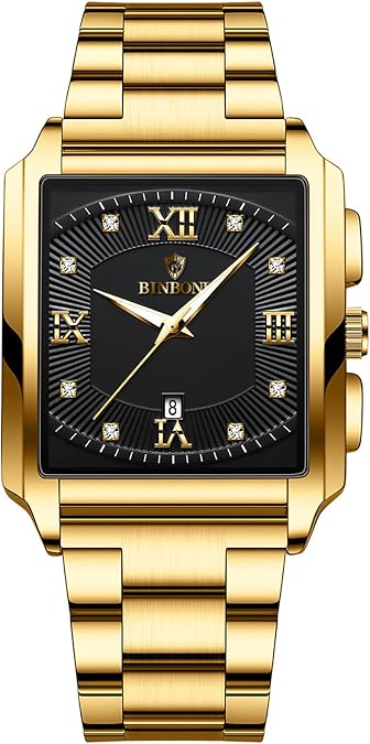 JewelryWe Men Square Wrist Watche: Gold Black Business Date Waterproof Analogue Quartz Rectangular Big Face Stainless Steel Wristwatch for Father's Day