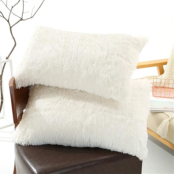Solid Plush Standard/Queen Pillowcase 2 Pack Super Soft Fluffy Faux Fur Shaggy Pillow Cases/Covers Decorative Throw Pillow Shams with Zipper Closure.No Inside Filler (Cream White,20"30")