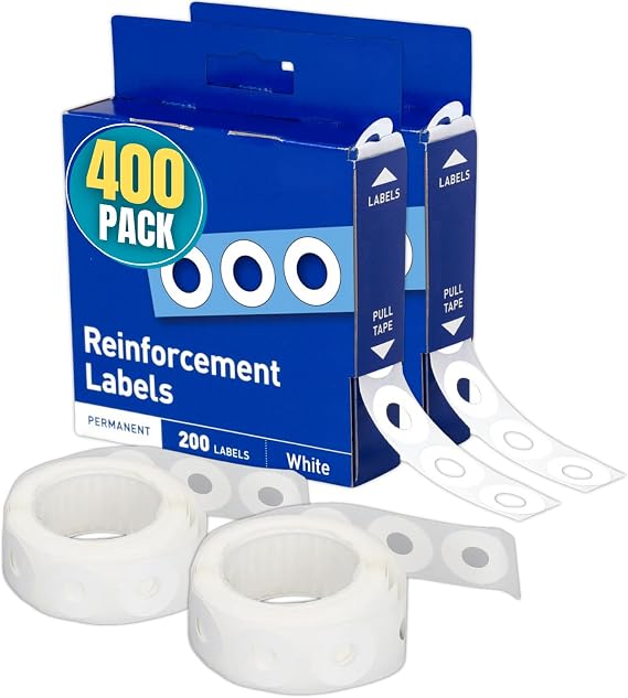 1InTheOffice Hole Punch Reinforcement Stickers, Paper Hole Reinforcement Stickers, Hole Reinforcers for Ring Binders - Sheet Hole, 20 Labels Per Sheet, White, 1/4" Diameter, 400/Pack
