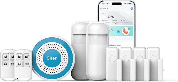 Smart Home Security Systems - 9-Piece Wireless Alarm Kit,Mobile App Alerts,4 Door/Window Sensors,2 Motion Detectors & 2 Remotes for Home,Garage,RV (2.4GHz WiFi,No Monthly Fee)