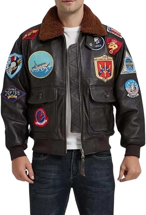 Mens Top Aviator USAAF Pilot Flying Tom Multiple Patches G1 Bomber Jacket Fur Collar Brown Bomber Leather Jacket
