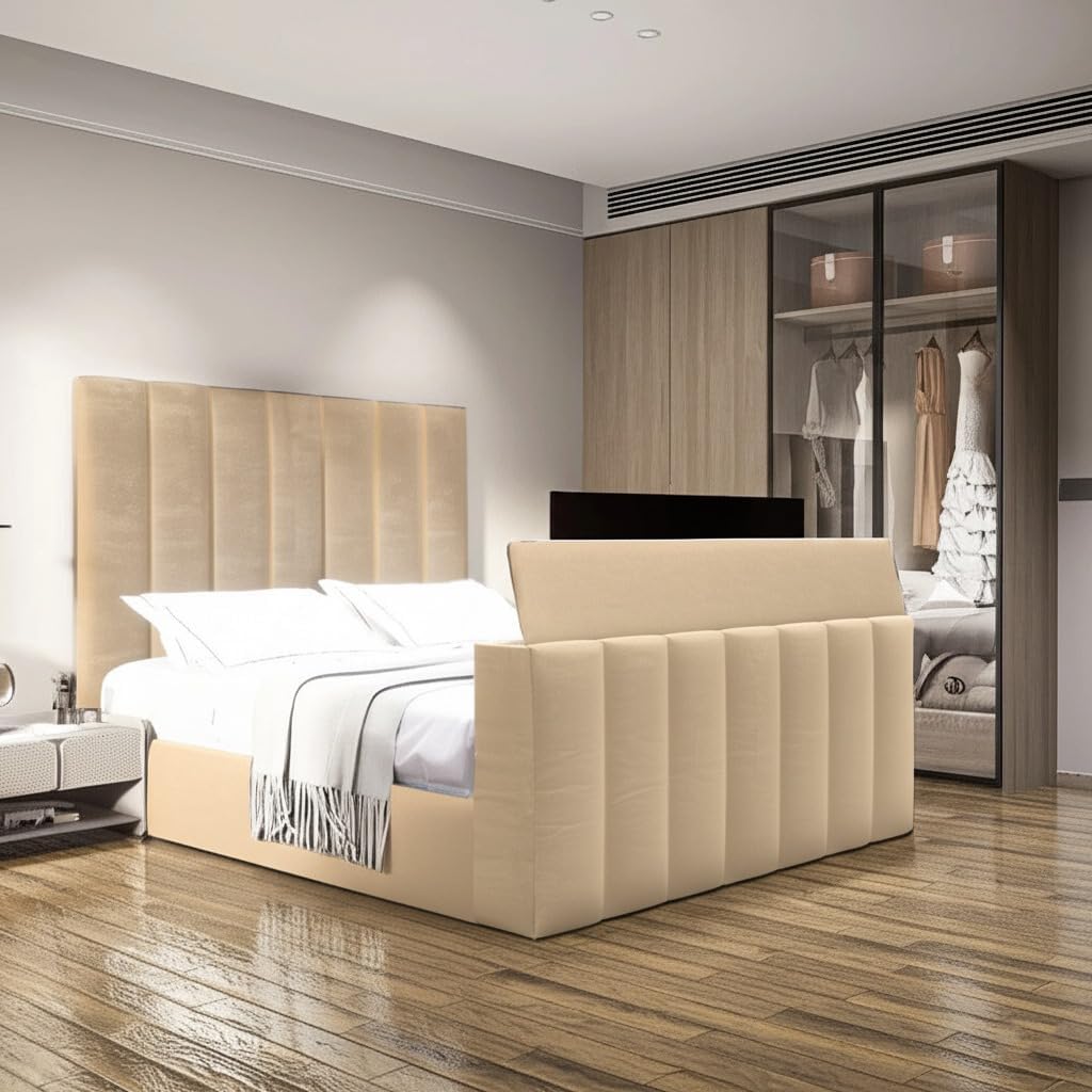 Luxury Velvet TV Bed Frame with Ottoman Storage, Electric TV Lift, DoubleKingSuper King Sizes, Modern Sleigh Design Mink, Double