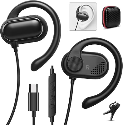 USB C Headphones Over-Ear Buds Hooks Microphone for Sport Running &Volume Control, Fit Small Ears Type C Wired Earbuds for iPadiPhone 17 16e 16 15 for for Samsung S25 S24 for Oneplus 12 13 Pixel 8 7