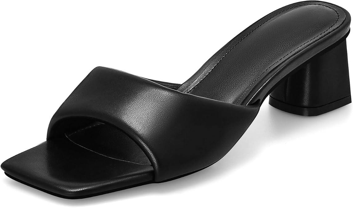 MIRAAZZURRA Heel Mules for Woman Square Open Toe Chunky Block Short Low Heel Slip on Heeled Sandals Casual Comfort Party Shoes