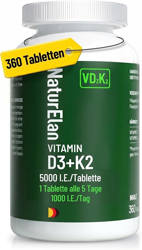 Vitamin d3 k2 high dose - 5000 IU/tablet 1 tablet every 5 days 360 tablets + vitamin K2 MK7 100 mcg per dose 1+ year supply vegetarian produced in Germany