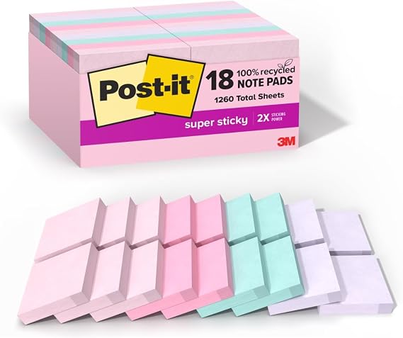 Post-it Recycled Super Sticky Pop-up Notes, 1 7/8" x 1 7/8", Wanderlust Pastels Collection, 70 Sheet/Pad, 18 Pads/Pack | School Supplies and Office Products, 2X the Sticking Power