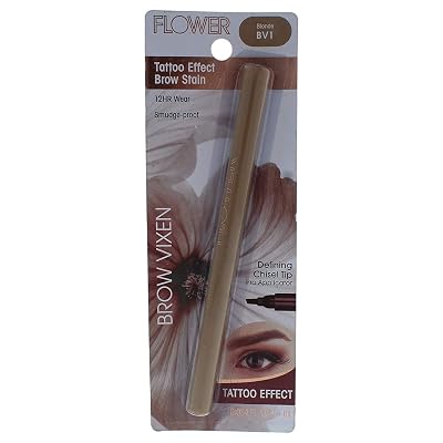 Flower Beauty Brow Vixen Tattoo Effect Stain Smudge Proof, 12 Hr Wear Eyebrow Makeup with Chisel Tipped Applicator, Contains Aloe Vera & Vitamin E, Blonde, 0.034 Oz