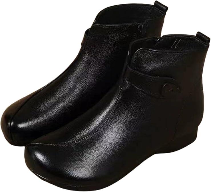 Women's Ankle Boots Round Toe Flat Short Leather Booties Casual Fur Fleece Lined Comfortable Walking Boots for Women