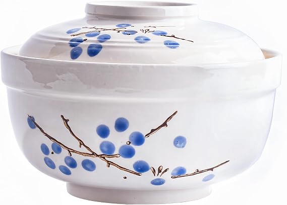 Ramen Bowls with Lid, Japanese Style 27.5 OZ Big Instant Noodle Bowl for Soup Rice and Porridge Microwave Oven Safety (Blue Flower)