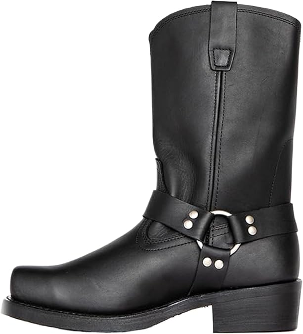 Men's Durable Leather Harness Boots, Harness Pull on BootsBoots, Mid-Calf Square Toe Pull On Casual Riding Boots