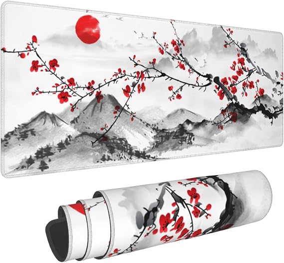 Watercolor Japanese Cherry Blossom Mouse Pad 31.5 X 11.8 Inch XL Red Floral Design Extended Gaming Mousepad Large Non-Slip Rubber Base Keyboard Desk Mat with Stitched Edges for Gaming and Office