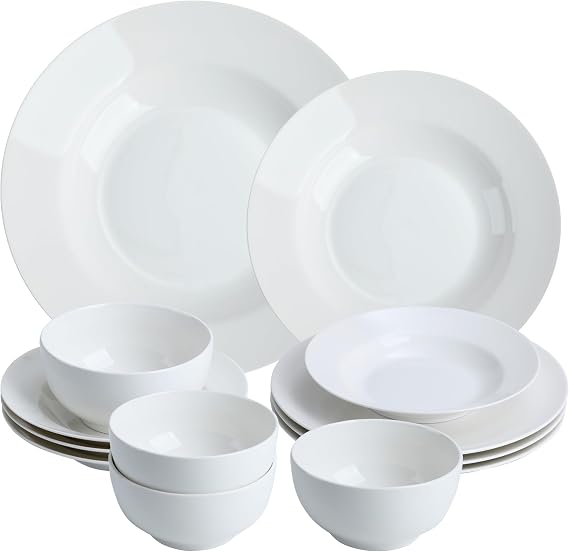 Premium 12-Piece Dinnerware Set, Elegant White Porcelain Plates & Bowls, Service for 4, Dishwasher & Microwave Safe