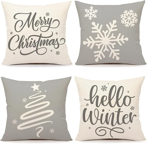 4TH Emotion Gray Christmas Pillow Covers 18x18 Set of 4 Farmhouse Xmas Decorations Snowflake Hello Winter Holiday Decor Throw Cushion Case for Home Couch S24C16