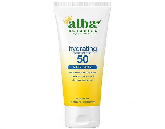 Alba Botanica Hydrating Sunscreen Lotion SPF 50 Fragrance Free 3 Oz | 24-hour hydration formula, Water resistant up to 40 minutes