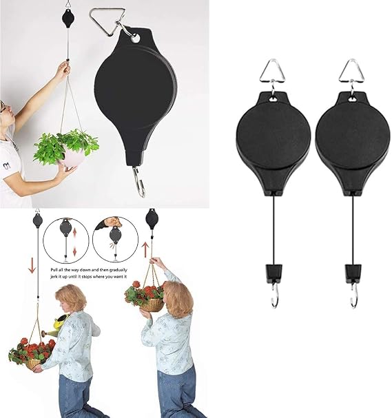2 Pieces Plant Pulley, Retractable Heavy Duty Easy Reach Pulley Plant Hanging Flower Basket Hook Hanger for Garden Baskets Pots & Birds Feeder