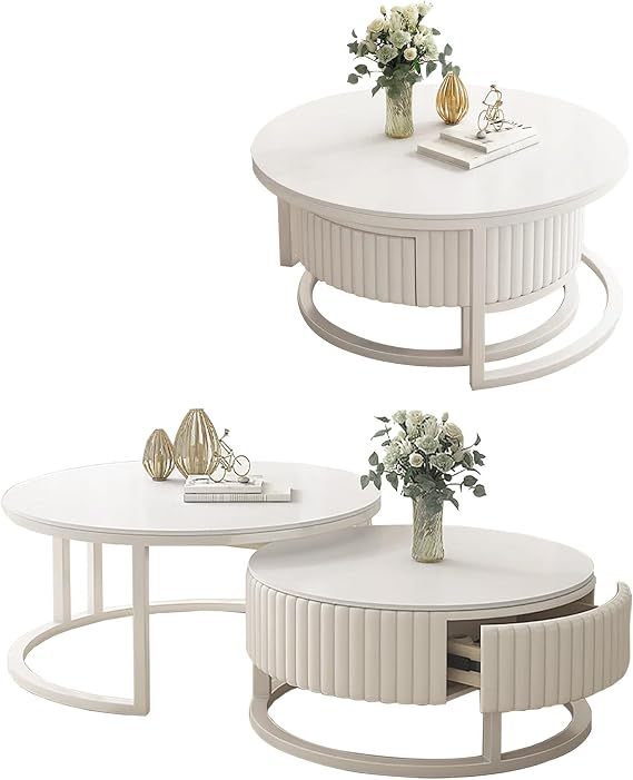 Round Coffee Table Set of 2 Modern High Gloss Marble Pattern Nested Nesting Tables Round Coffee Table Side Table Sofa Table Set with Drawer for Bedroom Living Room