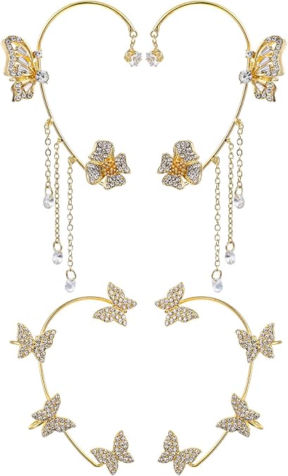 4 Packs Butterfly Ear Cuff, Bling Rhinestone Butterfly Tassel Style Zircon Earrings Ear Clips Women Non Piercing Ears Clip Wrap Around Earrings for Party Bridal Wedding Jewelry(Gold)