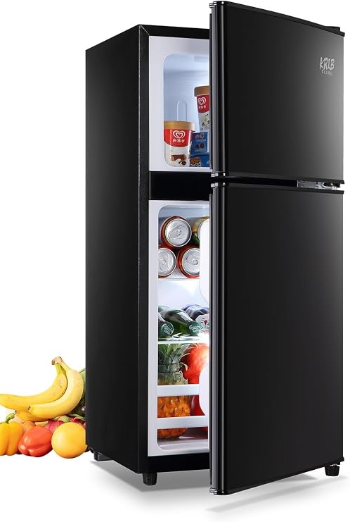 KRIB BLING Mini Fridge With Freezer,3.5 Cu. Ft Compact Refrigerator With 2 Doors,7- Level Adjustable Thermostat, Removable Glass Shelves For Bedroom, Office, Kitchen, Apartment, Dorm, Black