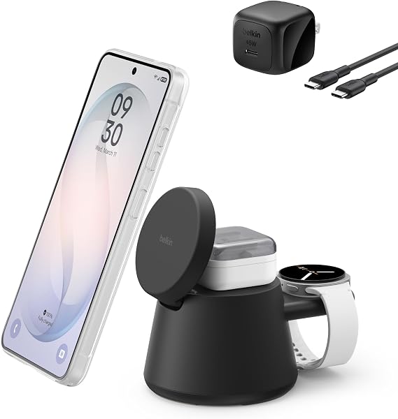 Belkin 3-in-1 Wireless Charging Station for Samsung Galaxy S26, Android - Qi2.2 25W Magnetic Charger for Pixel 10, iPhone 17, USB C Port for Galaxy, Pixel, Apple Watch (Watch Charger Not Included)