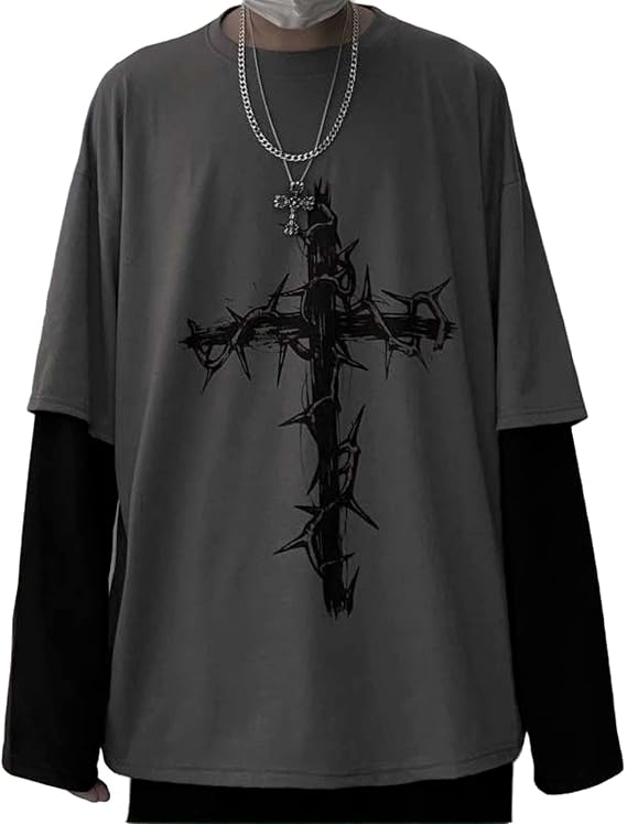 Aobiono Men Women Gothic Shirt Y2K Emo Grunge Alt Vintage Long Sleeve Top Tee Dark Academia Harajuku Cross Sweatshirt Clothes