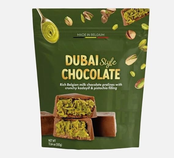 Chocolate Dubai Style Chocolate Pralines, Belgian Milk Chocolate with kadayif & Pistachio Filling, 17.64 oz 500g