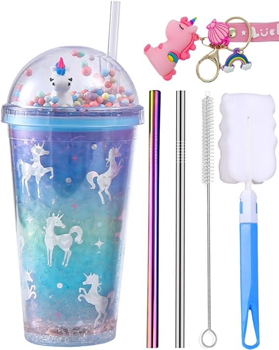 Unicorn Travel Tumbler with Straw Sequin Ice Drinking Cup Freezer Mug Plastic Cup for Picnic Party Birthday (UNICORNS blue 8)