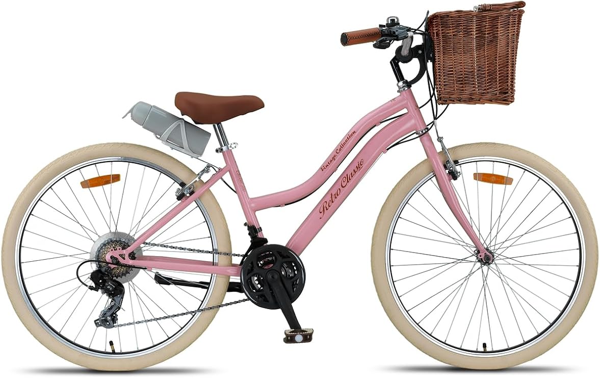 Retro Classic 26 Jant Bisiklet, Shimano 21 Vites, Hasır Sepetli Vintage Şehir Bisikleti, Krem Lastik