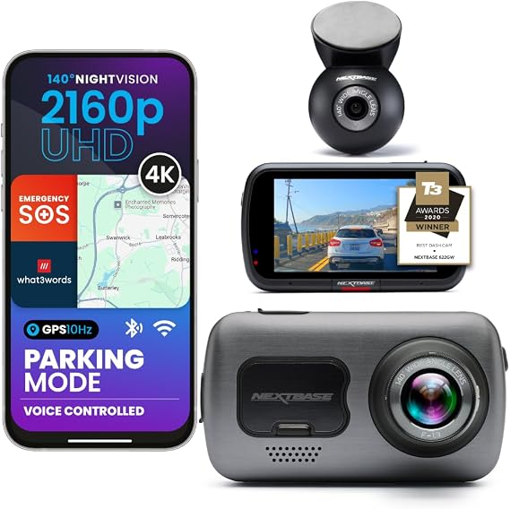 Nextbase 622GW Gen 2 Front and Rear Dash Cam Bundle with Rear Window Camera, 4K UHD Dash Camera with Wi-Fi, GPS, what3words and Image Stabilization