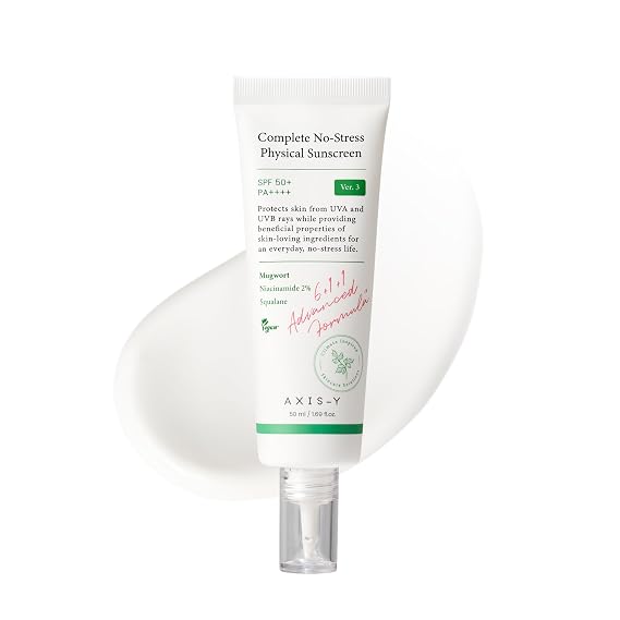 AXIS-Y Complete No-Stress Physical Sunscreen V3 SPF 50 Mineral Face Sunscreen with Zinc Oxide & 2% Niacinamide UVA Protection, Lightweight Moisturizing Korean Sunscreen (1.69 fl oz)