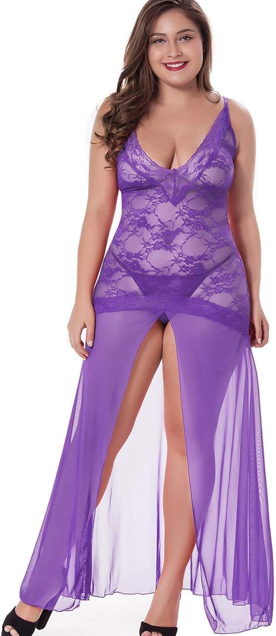 Women's Floral Lace Plus Size Babydoll Lingerie Set Sexy Split Maxi Long Nightgown Dress