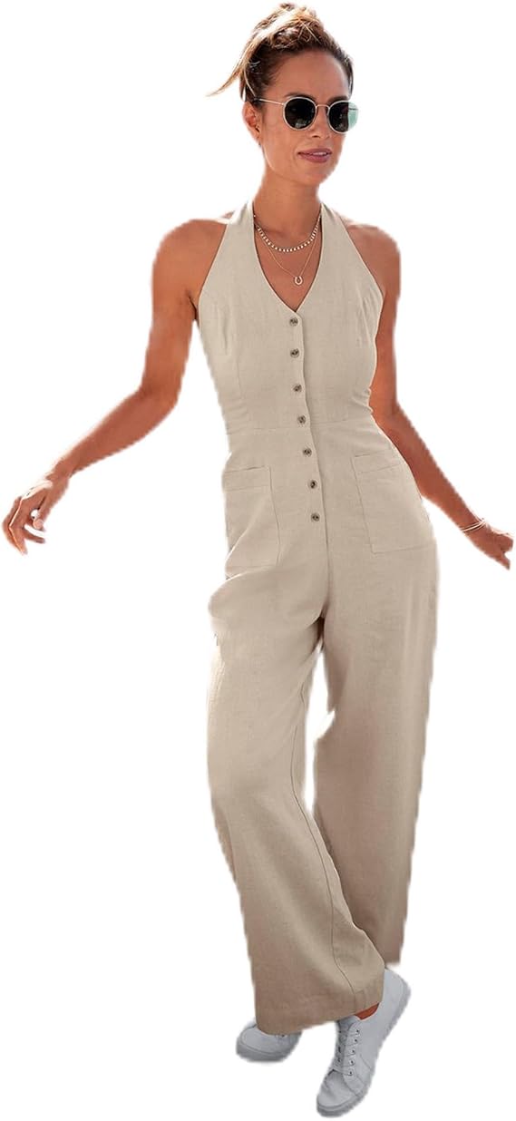 LASCANA Women's Button Down Halterneck Jumpsuit