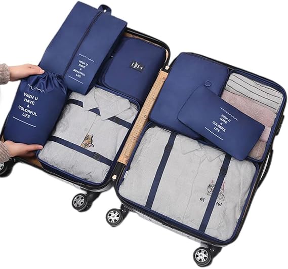8 pcs Packing Cubes Set, Travel Luggage Organizer Storage Bags Suitcase Packing Cases Including Updated Toiletry Bag, Laundry Bag & Shoes Bag (Navy Blue)