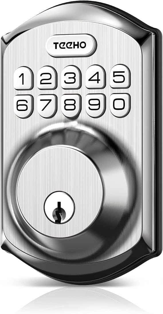 TEEHO TE001 Keyless Entry Deadbolt with Keypad for Front Door, Satin Nickel | ANSI Grade 3 Security, 20 User Codes, Low Battery Alert, IP54 Waterproof, One Touch Lock, Anti-Peep Password & 2 Backup Keys