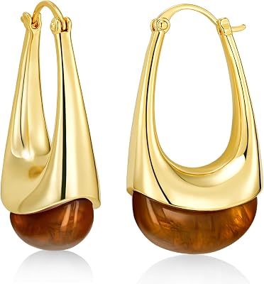 Long Oval Chunky Dangle 18K gold plated Hoops with Colored Resin Gemstone Statement Earrings for Women by SNGIA, Green, Brown, Blue, Pink, White, Cream, Bold Drop Handmade Exaggerated Irregular Trendy Bohemian Jewelry Gifts, Unique Dangling Teardrop Baroque Stone Summer Beach Fashion Earrings Accessories, Round Vintage Thick Circular Nickle Free Huggies Hoop Earrings.