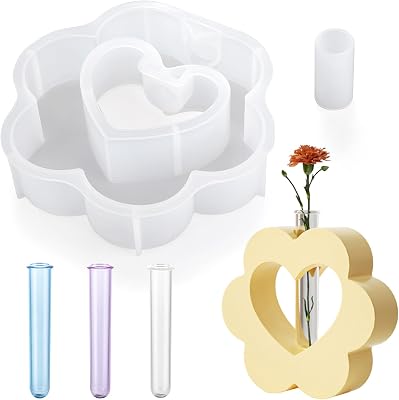 Vase Resin Molds with 3 Test Tube Heart Resin Silicone Vase Mold for Epoxy Resin Casting Hydroponic Flower Preservation DIY Wedding Centerpiece Home Decor Flower Shape