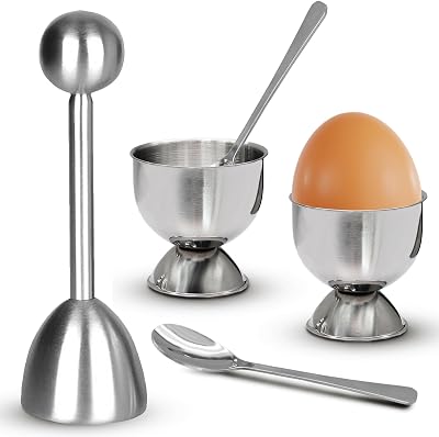 Egg Cups & Cracker Set of 5, 1 Stainless Steel Egg Topper Cutter - 2 Egg Holders for Soft Boiled Eggs - 2 Egg Spoons for Boiled Eggs