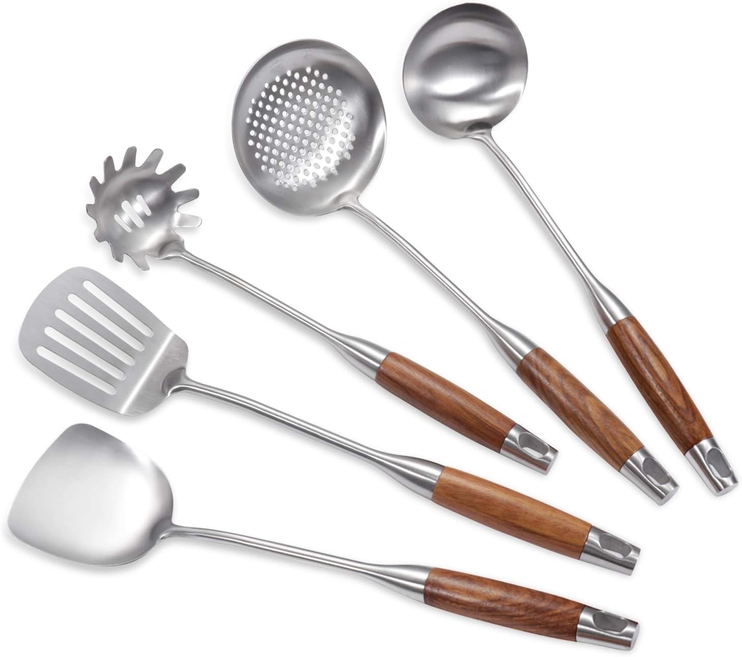 YFWOOD Kitchen Utensils Set, 5-Pack Kitchen Utensils Set Stainless Steel Spatula Set Skimmer Spoon Pasta Spoon Wok Spatula Serving Spoon Ladle, Wooden Handle, Dishwasher-Safe