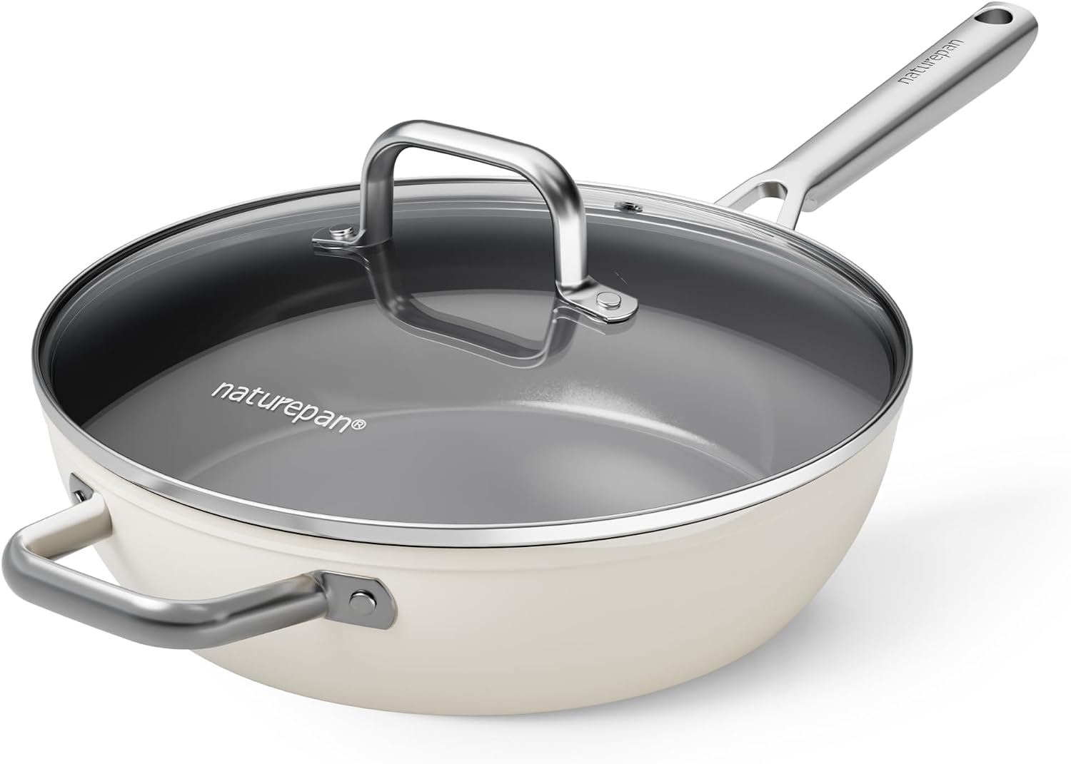 28cm Ceramic Deep Frying Pan, Diamond-Titanium Nonstick Pan with Lid, PFAS & PTFE & PFOA Free, Stainless Steel Handle, Dishwasher/Oven Safe, Beige