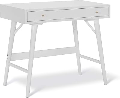 Wood Desk - Classic Mid-Century Modern Mason Solid Wooden Table with Drawer 35.5 Inch Small Spaces Home Office Writing Station Work Vanity Desktop Furniture 8551 White